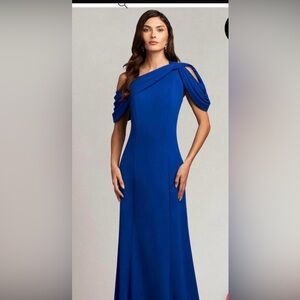 Tadashi Shoji cobalt one-shoulder draped evening gown